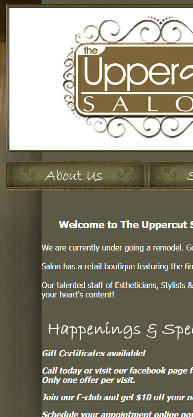 Current Uppercut Salon site cropped on a mobile-width screen